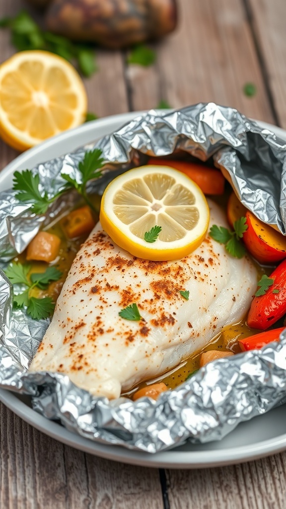 Baked tilapia fillet in foil with lemon and parsley, served with roasted vegetables.